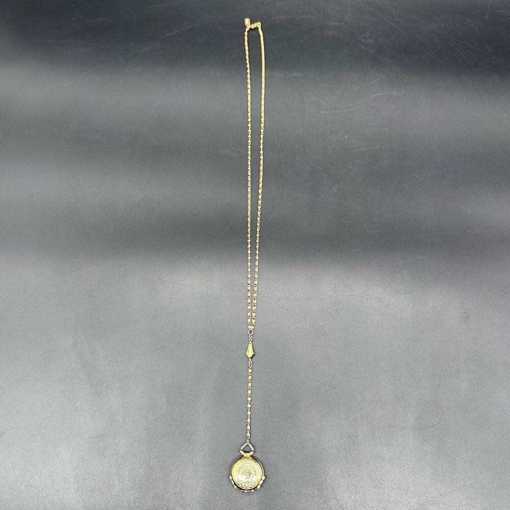 Vintage 1928 Signed Gold Tone Butterfly Locket Pendant Necklace Long Chain Retro - Picture 3 of 11